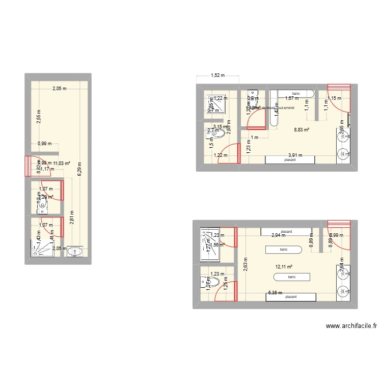 Amenagement locaux sanitaire batiment technique. Plan de 7 pièces et 39 m2