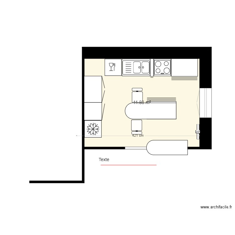 cuisine. Plan de 1 pièce et 12 m2