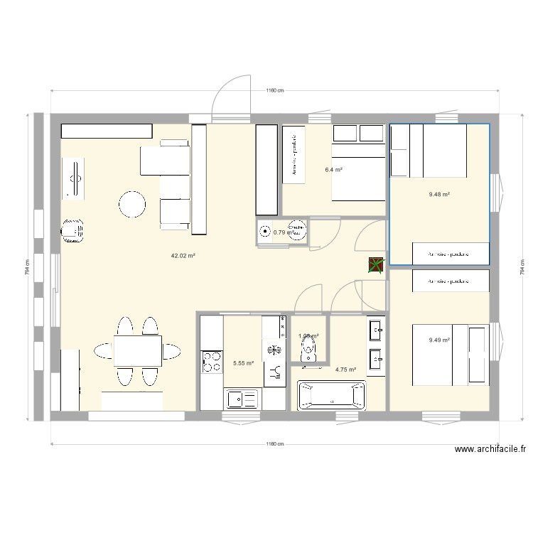 2 chambres et une pièce pour invités. Plan de 0 pièce et 0 m2