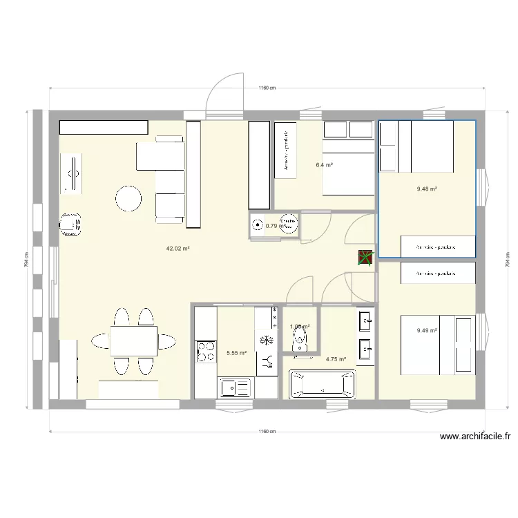 2 chambres et une pi&egrave;ce pour invit&eacute;s. Plan de 