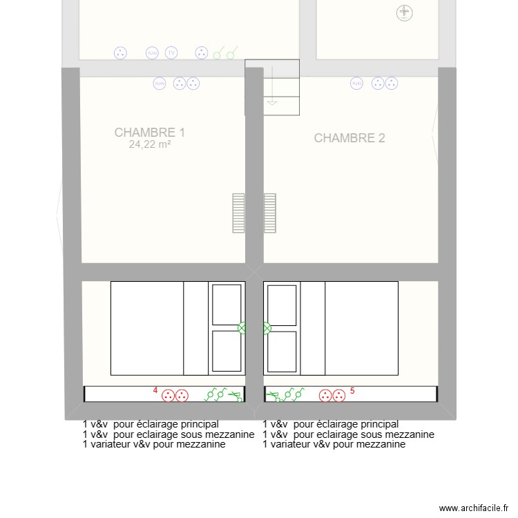 Mezzanine. Plan de 5 pièces et 79 m2