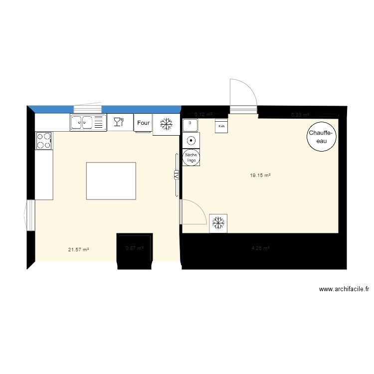 cuisine et cellier. Plan de 6 pièces et 46 m2