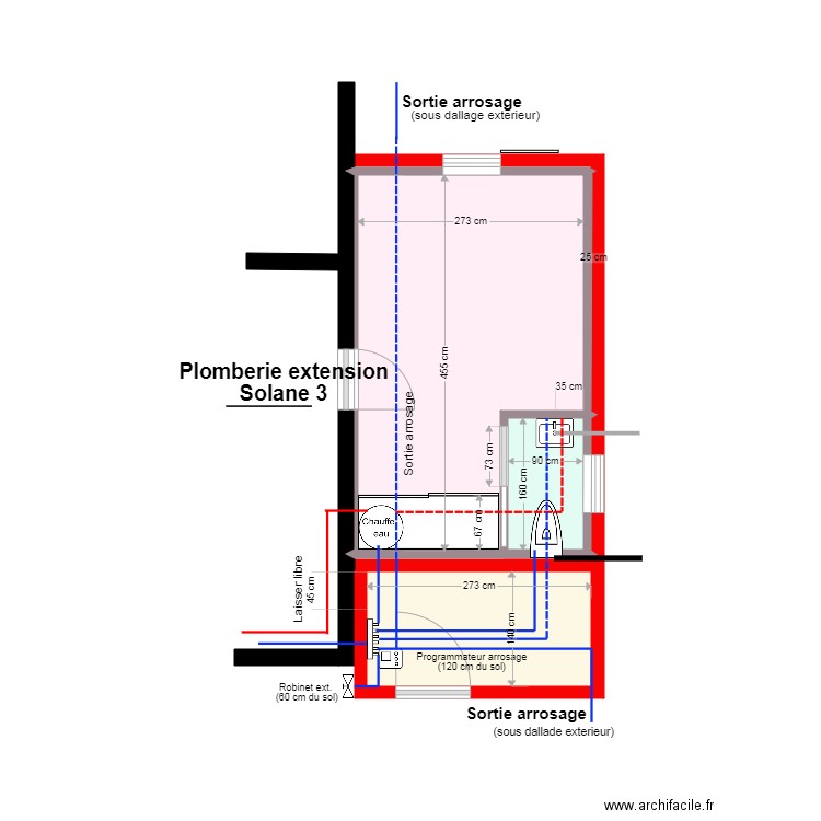 plomberie extension. Plan de 6 pièces et 16 m2