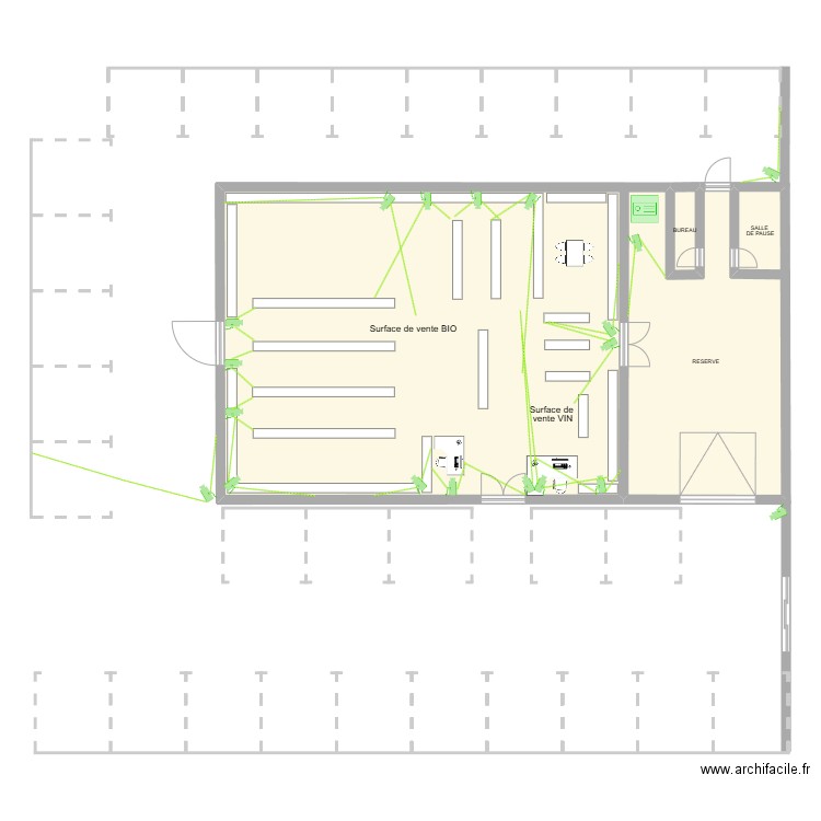 Comptoir de la bio. Plan de 2 pièces et 166 m2