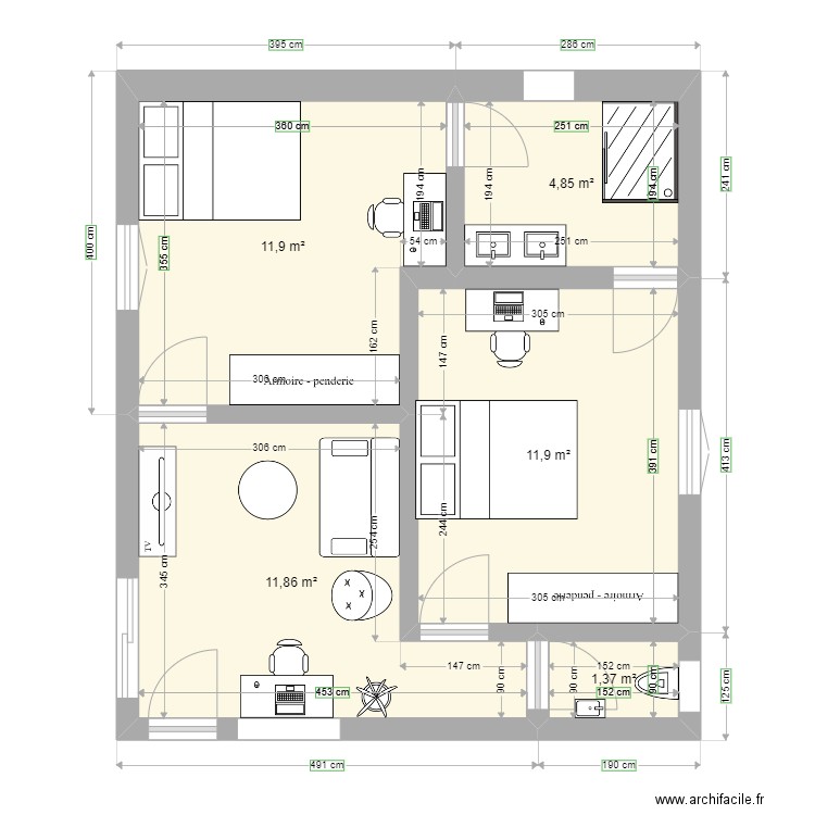 Projet extension v3 . Plan de 5 pièces et 42 m2