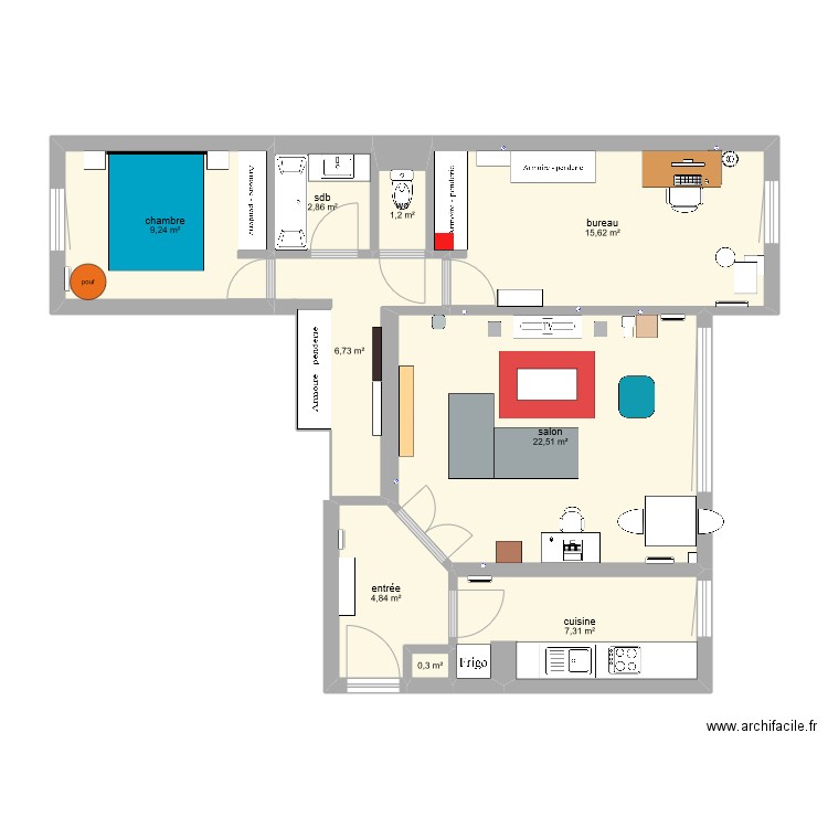 Petion. Plan de 9 pièces et 71 m2