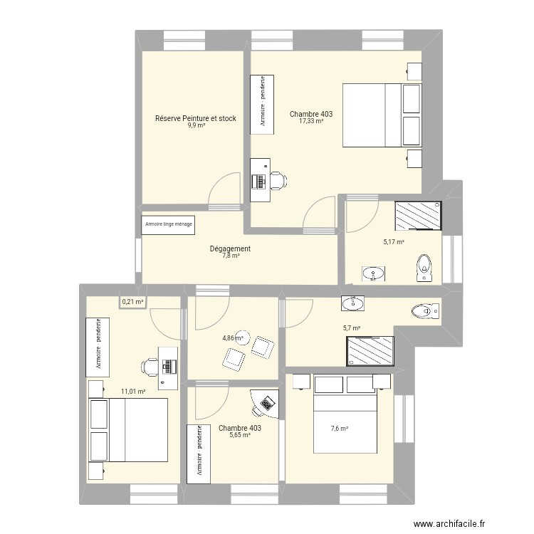 projet lux 2 chambres . Plan de 10 pièces et 75 m2