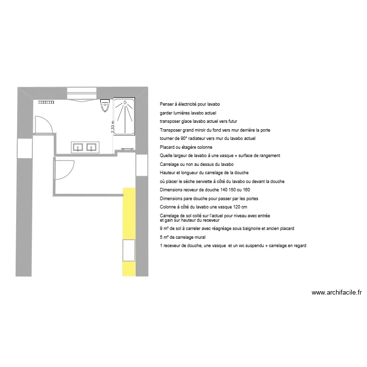 SDB Sermaise actuelle douche transversale. Plan de SDB Sermaise actuelle douche transversale. Plan de