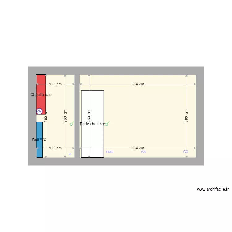 Vue plane mur salon chambre depuis Chambre. Plan de 