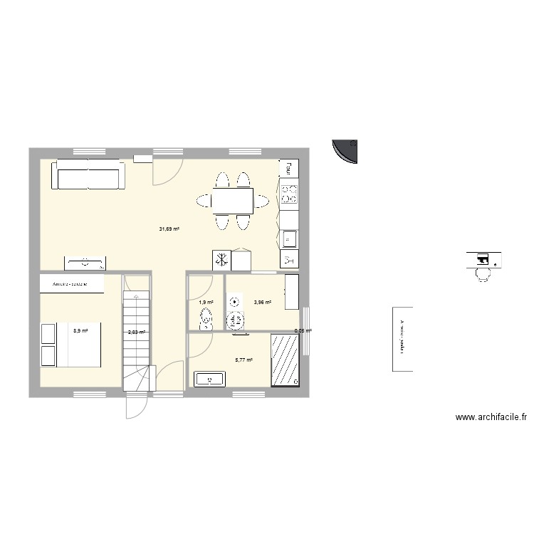 Maison bas Hippo. Plan de 7 pièces et 55 m2