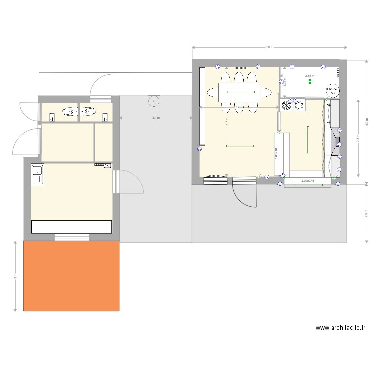 COUPE AA Agrandissement local réduit décalé V2. Plan de 6 pièces et 42 m2