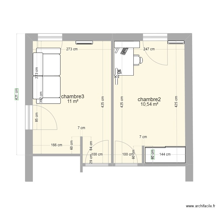 chambres. Plan de 2 pièces et 22 m2