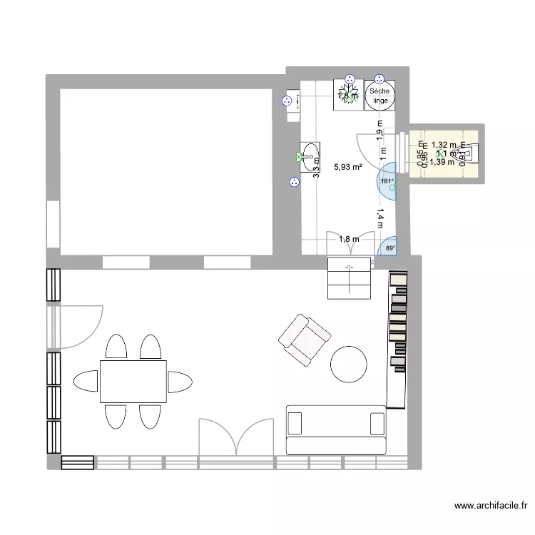 Buanderie. Plan de 2  et 7 m²