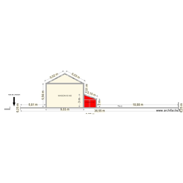 PLAN DE COUPE POST VERANDA. Plan de 3 pièces et 59 m2