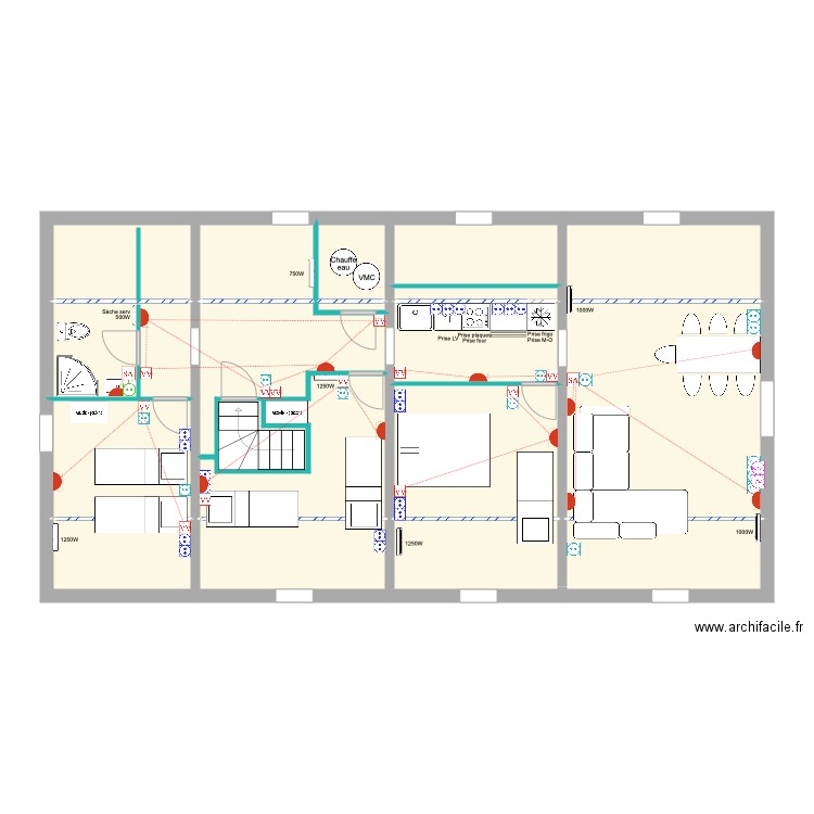 Combles Plan électrique DEF. Plan de 17 pièces et 111 m2