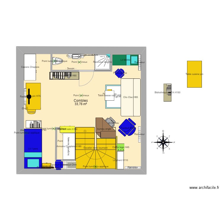 combles coteau. Plan de 1 pièce et 34 m2