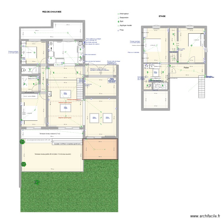 Genêts V5 plan élec avec luminaires. Plan de 19 pièces et 196 m2