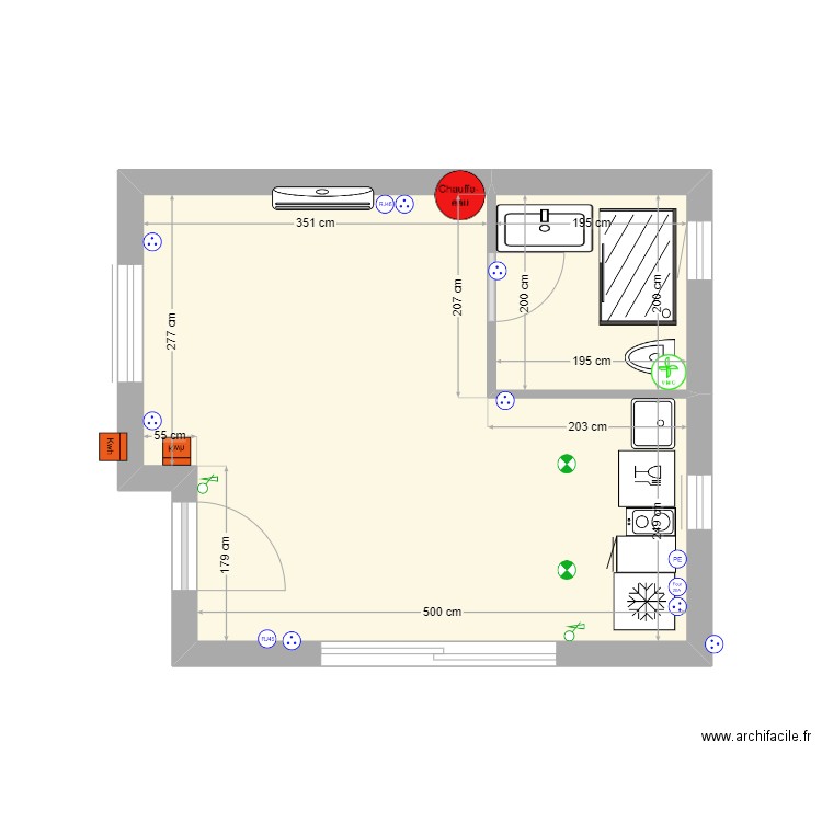 Studio. Plan de 2 pièces et 24 m2