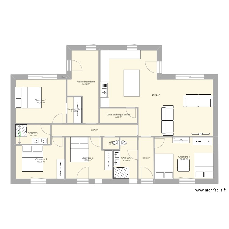 Nouveau Plan BOUTIGNY Simple RDC V2b. Plan de 13 pièces et 123 m2