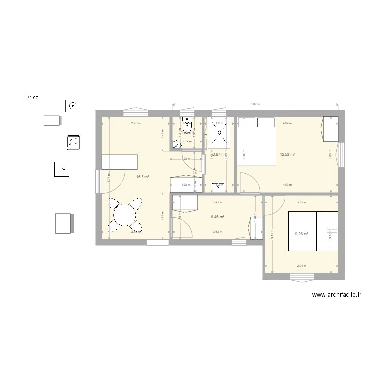 existant aménagé. Plan de 6 pièces et 49 m2