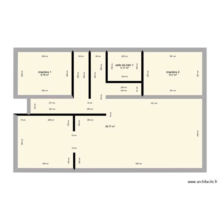 rez de chaussé actuel . Plan de 4 pièces et 84 m2