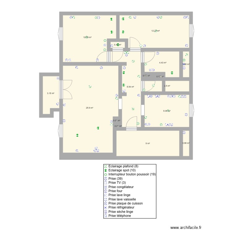 Appart sans meubles avec prises et spot. Plan de 0 pièce et 0 m2