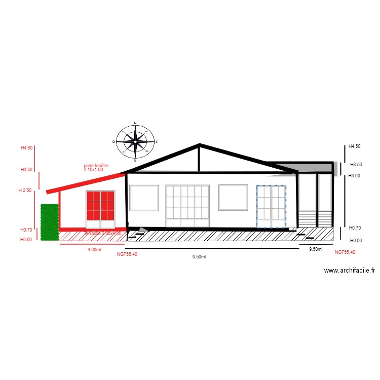 Facade SUD CHalet 90 relance. Plan de 1 pièce et 9 m2