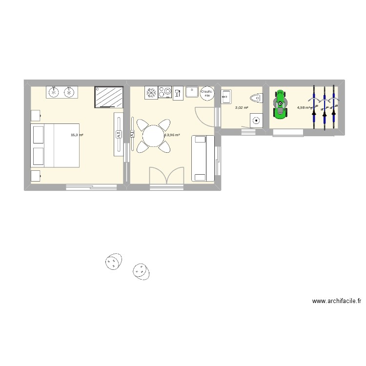 t1 bis. Plan de 4 pièces et 37 m2