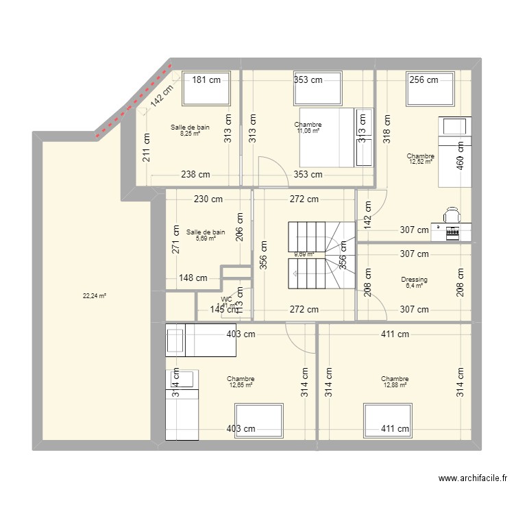 Etage. Plan de 12 pièces et 104 m2