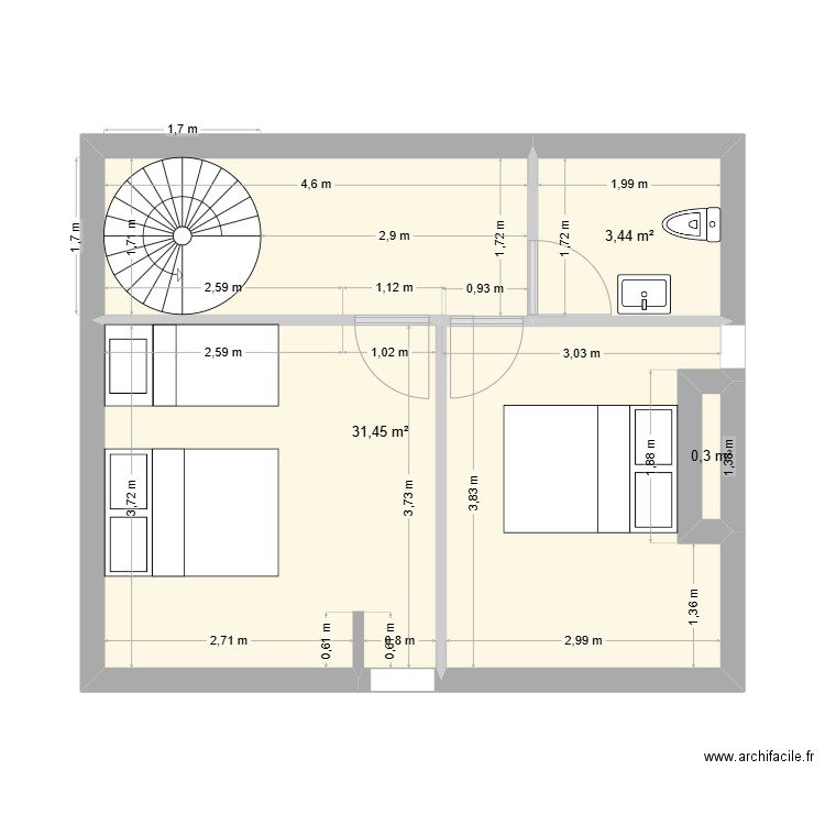 grenier3. Plan de 3 pièces et 35 m2