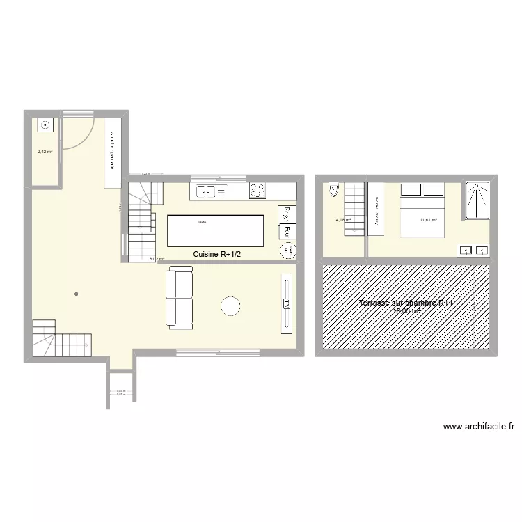 Entr&eacute;e buanderie cuisine V3. Plan de 5  et 97 m²