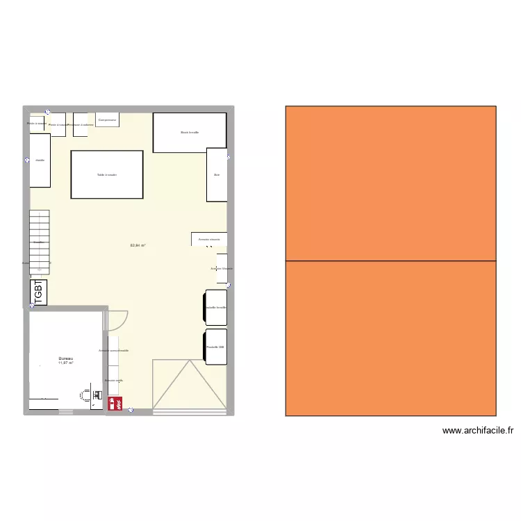 Atelier. Plan de 2  et 95 m²