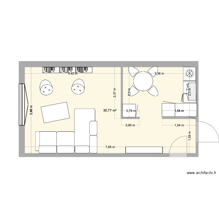 Hugo  plan avec coin repas. Plan de 1 pièce et 31 m2
