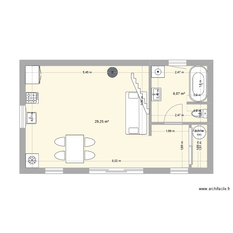 rez de chaussée eysus. Plan de 2 pièces et 35 m2