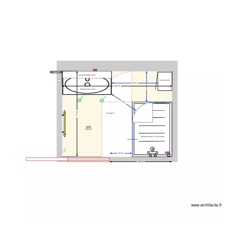 SDB Rossan_V110x80 &agrave; droite arrondi. Plan de 