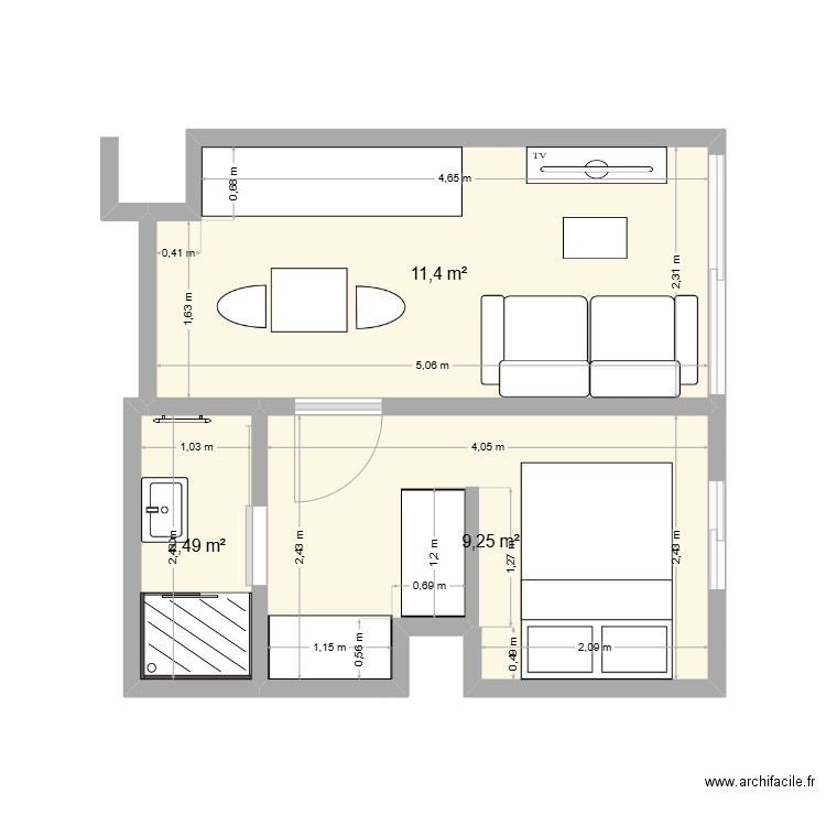 appartement fabien2. Plan de 3 pièces et 23 m2