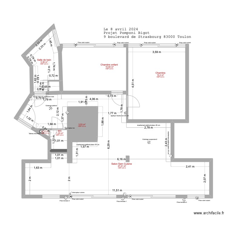 Plan Pomponi 2024. Plan de 7 pièces et 85 m2