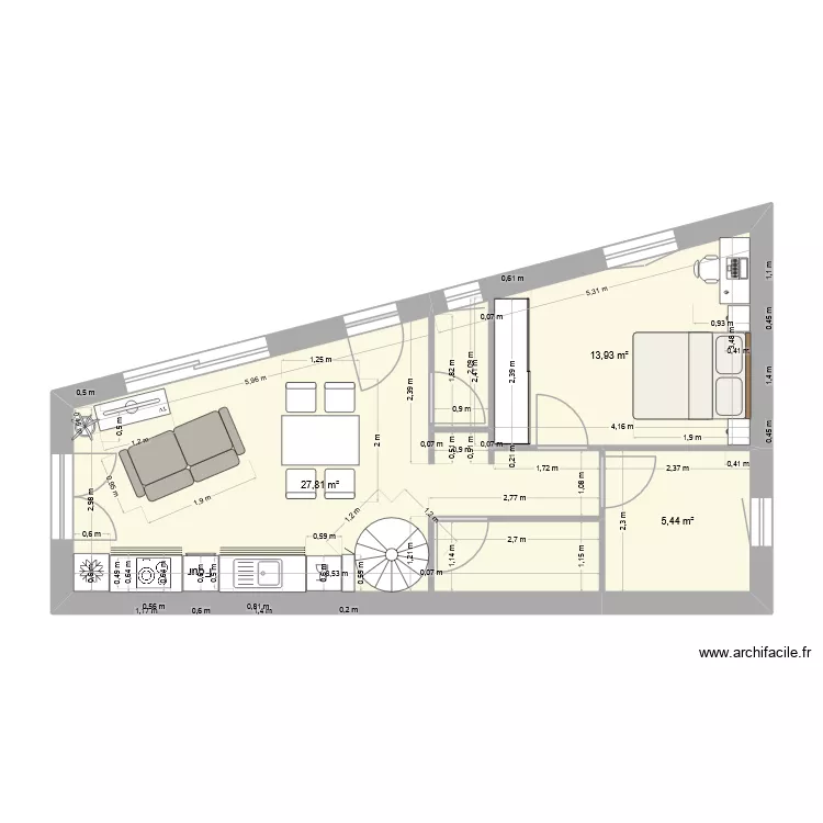 MaisonLanton salon + cuisine + chambre RdC. Plan de 3 et 47 m² MaisonLanton salon + cuisine + chambre RdC. Plan de 3 et 47 m²