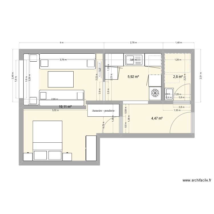 2E ETAGE. Plan de 4 pièces et 32 m2