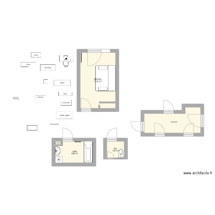sdb WC bureau. Plan de 5 pièces et 27 m2