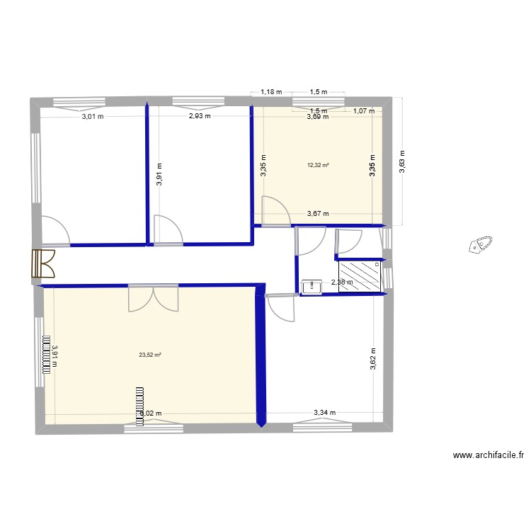 13 pi. Plan de 2 pièces et 36 m2