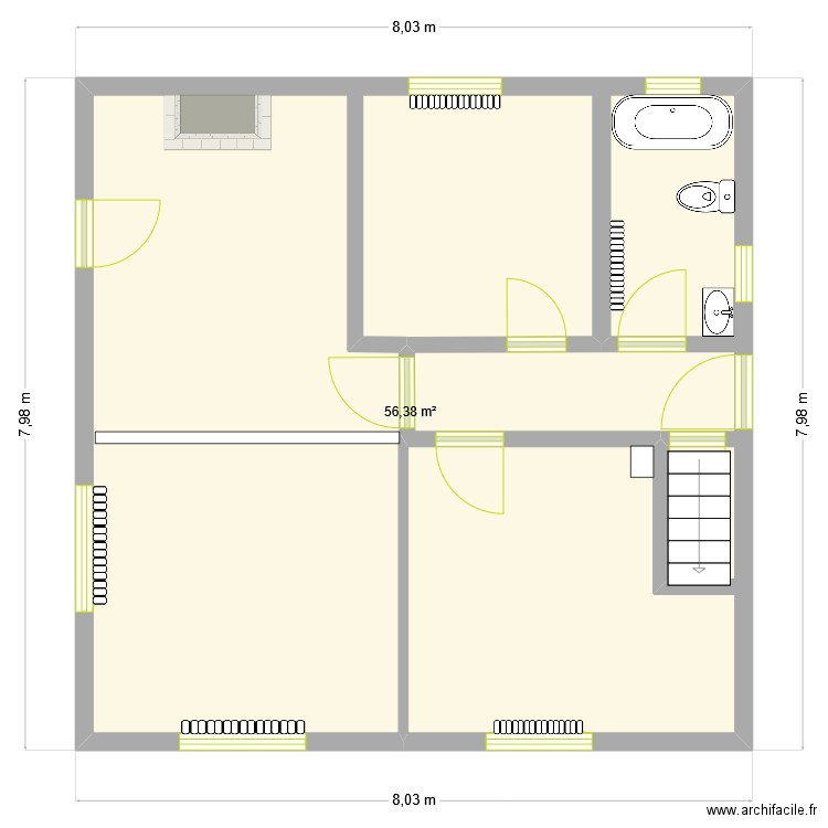etage1. Plan de 1 pièce et 56 m2