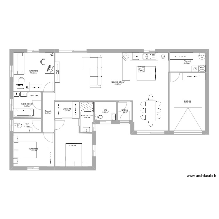 Maison 3 meubles. Plan de 13 pièces et 125 m2