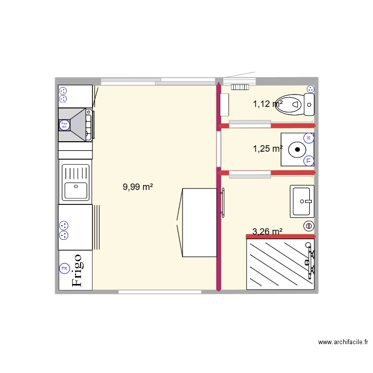 cuisine salle de bain wc. Plan de 4 pièces et 16 m2