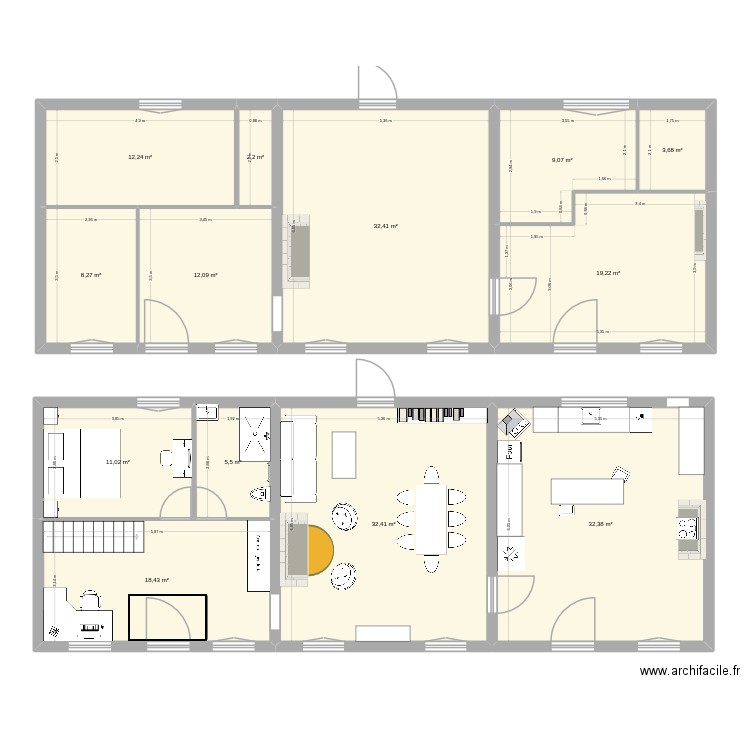Hypothèse 3. Plan de 13 pièces et 199 m2