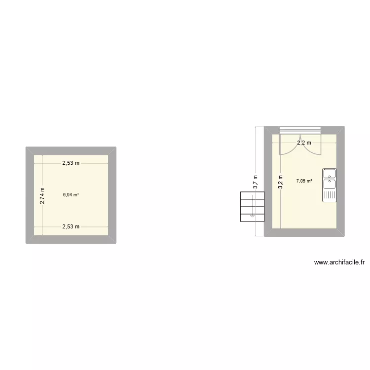 PROLONGEMENT CUISINE. Plan de 2  et 14 m²