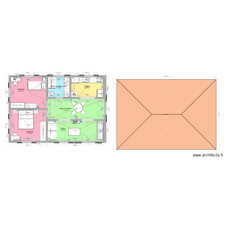 Plein pieds 2 containers. Plan de 6 pièces et 60 m2