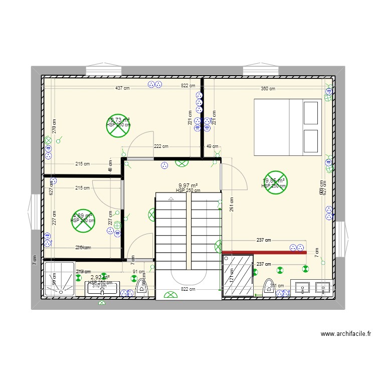 plan 1 er etage avec cloison et porte 2024. Plan de 5 pièces et 90 m2
