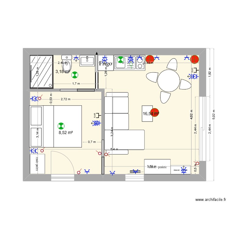 PROJET T2 V3. Plan de 3 pièces et 28 m2