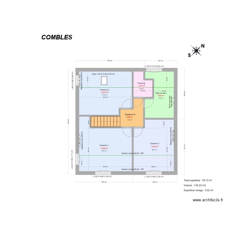 COMBLE. Plan de 6 pièces et 60 m2